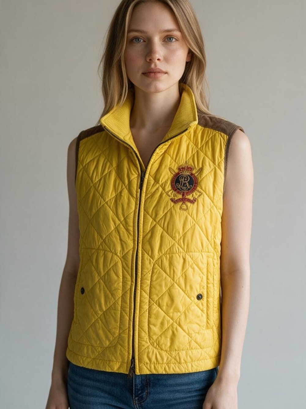 Ralph Lauren Quilted Yellow Sleeveless Vest with Crest Detail